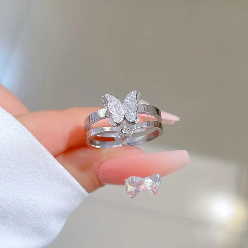 Anillos de mariposa esmerilados ajustables para mujeres y niñas, anillos de acero inoxidable de Color plateado, accesorios para dedos, regalos