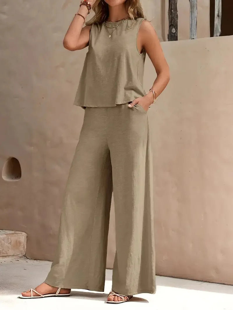 Ticotrendy: Conjunto Elegante de Pantalón y Top Sin Mangas | Color Sólido Verano 2025