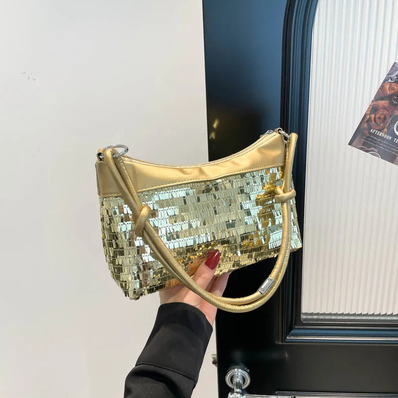 Bolsos de hombro informales con retales de lentejuelas para mujer, bolsos sencillos y versátiles para ir al trabajo, Color sólido, bolso para axila para chica