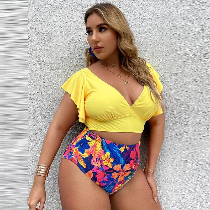 Bikini de Talla Grande con Volantes - Estampado y Tiro Alto para Playa
