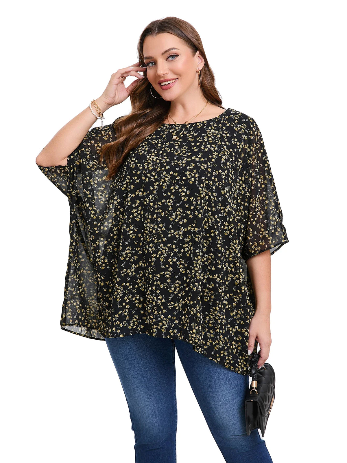Blusa de Gasa Florales Plus Size | Manga Murciélago Cuello Redondo | Tallas 2XL-6XL | Tico Trendy