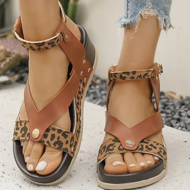 Sandalias de Cuña Leopardo con Correa en Tobillo | Tacón Alto | Talla Grande | Cuero PU