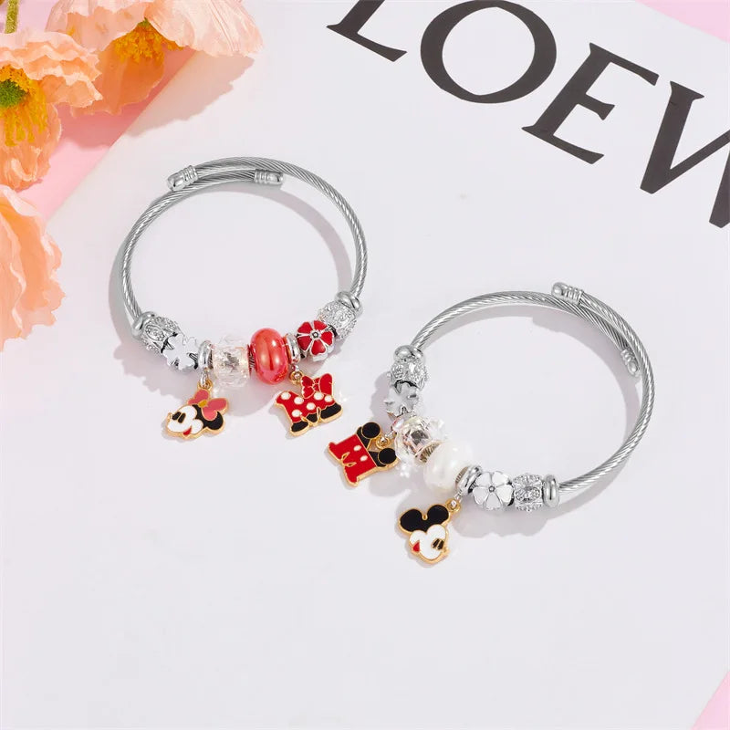 Pulseras con dijes de dibujos animados de Disney para mujeres y niñas, pulseras con cabeza de Mickey y Minnie Mouse, encantadoras cuentas de bricolaje, accesorios de mano, regalos