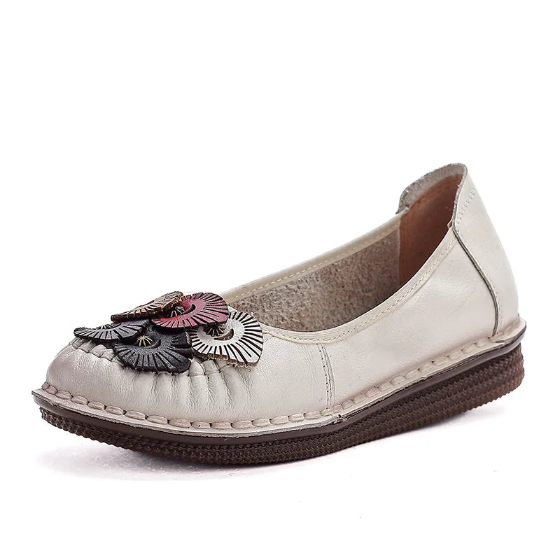 Mocasines Étnicos de Cuero Genuino para Mamá | Punta Redonda | Antideslizantes | Verano 2025