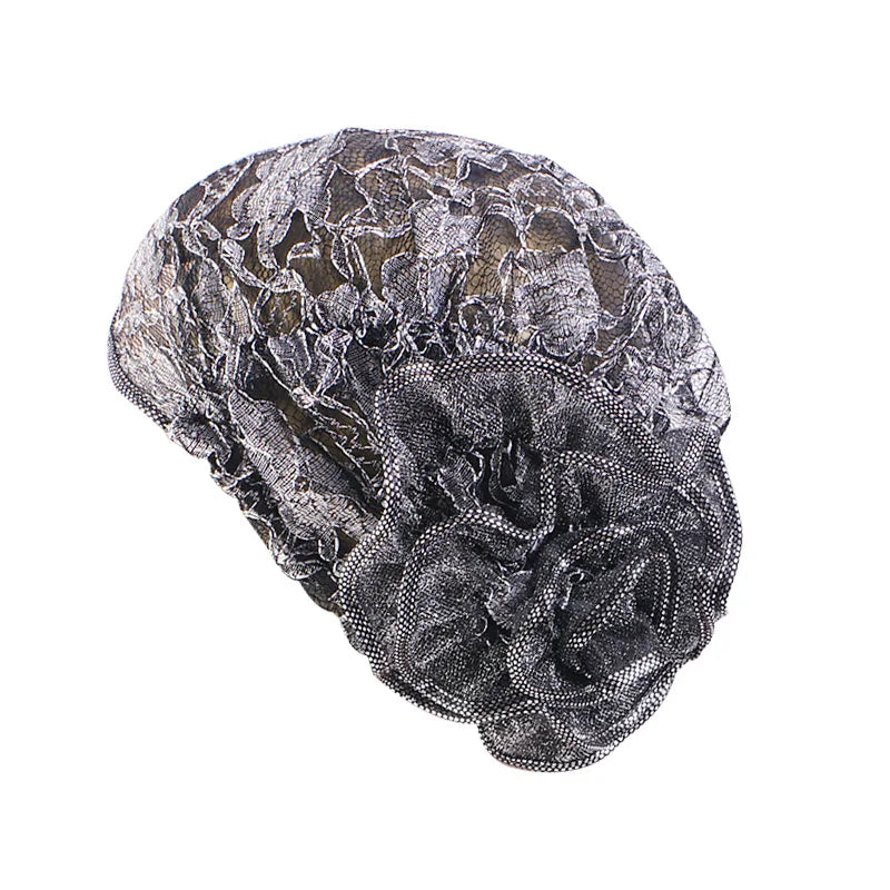 Turbante de encaje negro para mujer, gorro bajo bufanda, de flores grandes Hijab, sombreros musulmanes, gorro de flores, gorro de envoltura, sombreros islámicos, nuevo