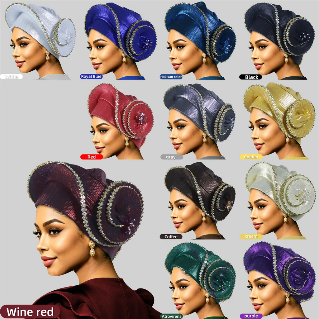 Turbante Espiral con Pedrería para Mujer, Auto Gele
