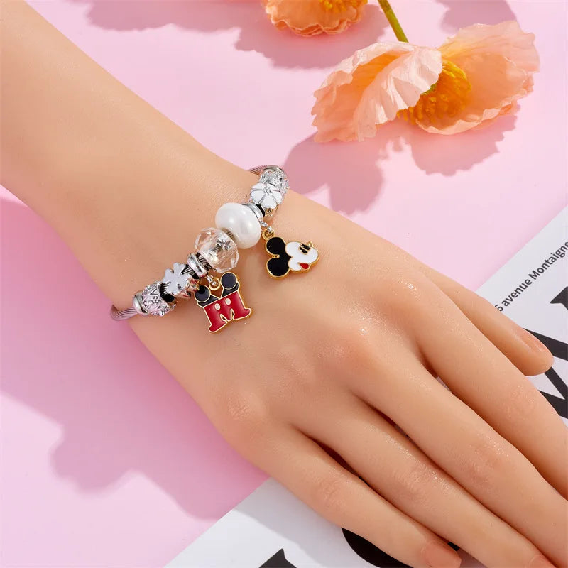 Pulseras con dijes de dibujos animados de Disney para mujeres y niñas, pulseras con cabeza de Mickey y Minnie Mouse, encantadoras cuentas de bricolaje, accesorios de mano, regalos