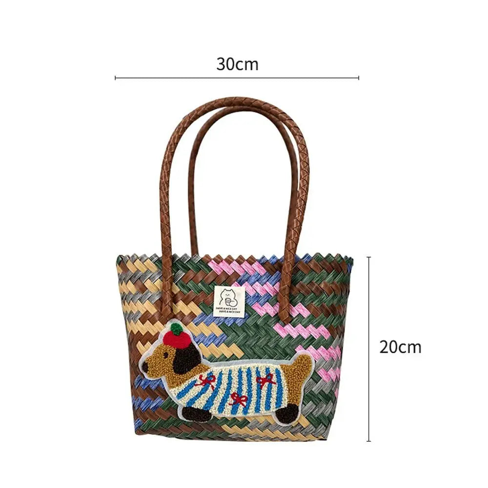 Bolso Tejido de Gran Capacidad con Diseño de Perro Salchicha y Asa de Bambú