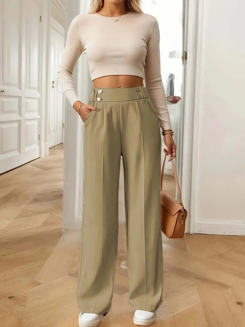 Pantalón Drapeado Elegante | Cintura Alta, Recto, Suelto y Color Sólido Verano 2025