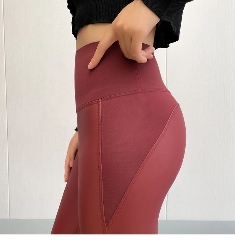 Leggings Cuero PU Polar Otoño Invierno | Empalmado Ajustado Sexy Rojo | Alta Elasticidad Cálida | Ticotrendy