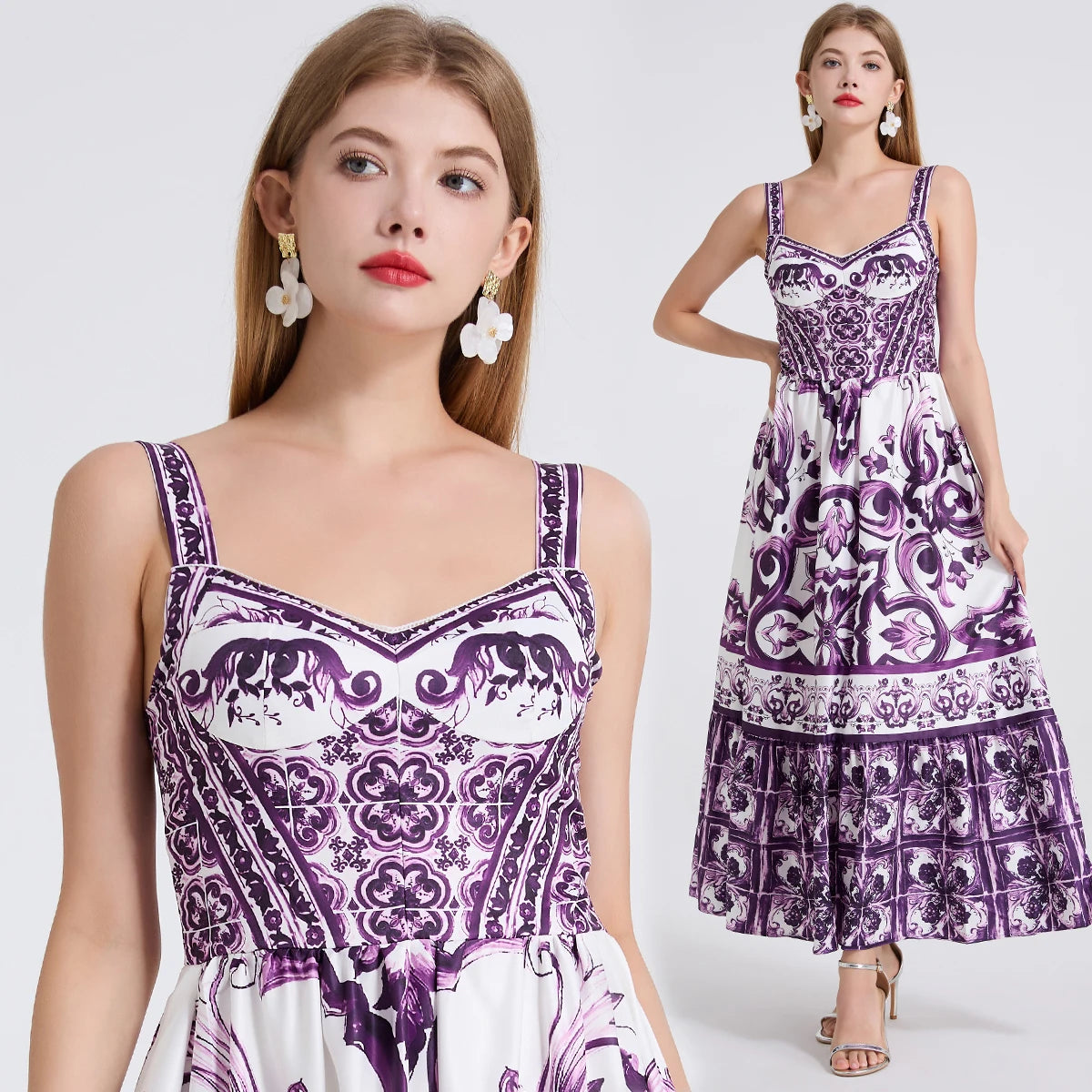 Vestido Vintage Estampado A-Line | Tiras de Espagueti Espalda al Aire Primavera Verano