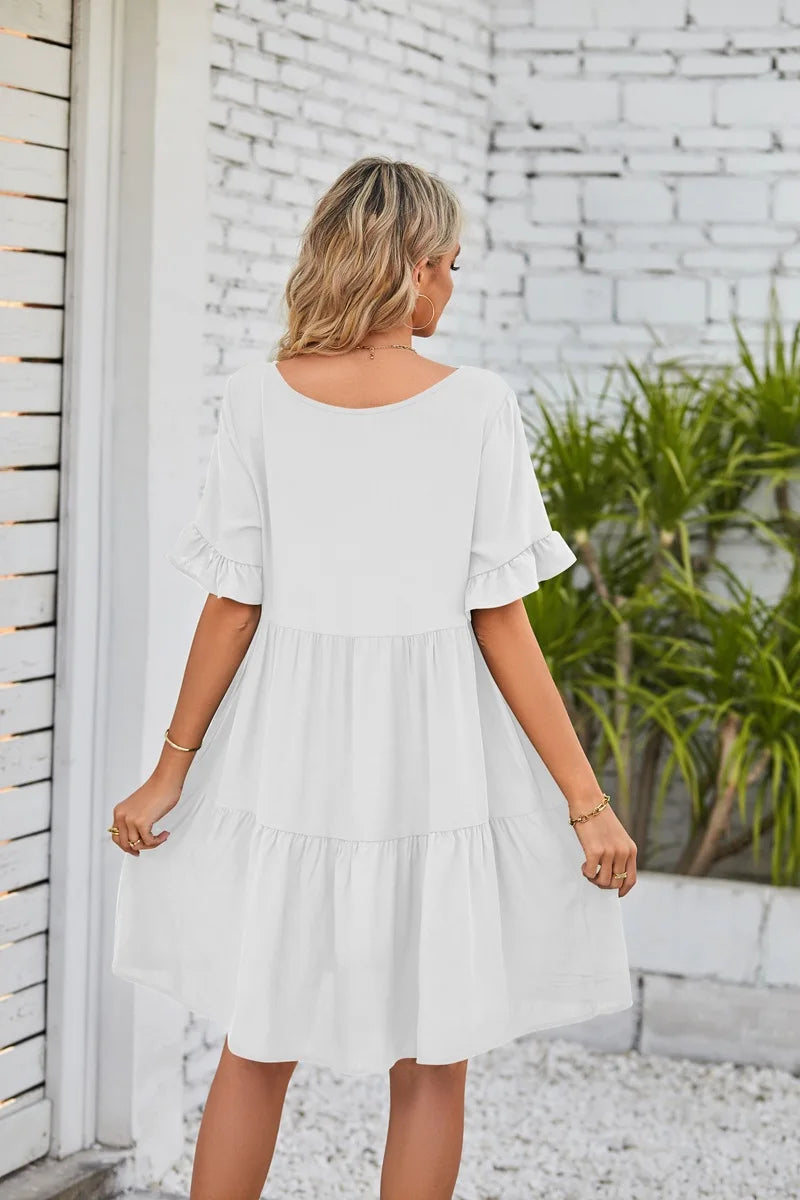 Vestido Midi de Playa | Algodón Liso Cuello V | Mangas Cortas con Volantes | Tico Trendy