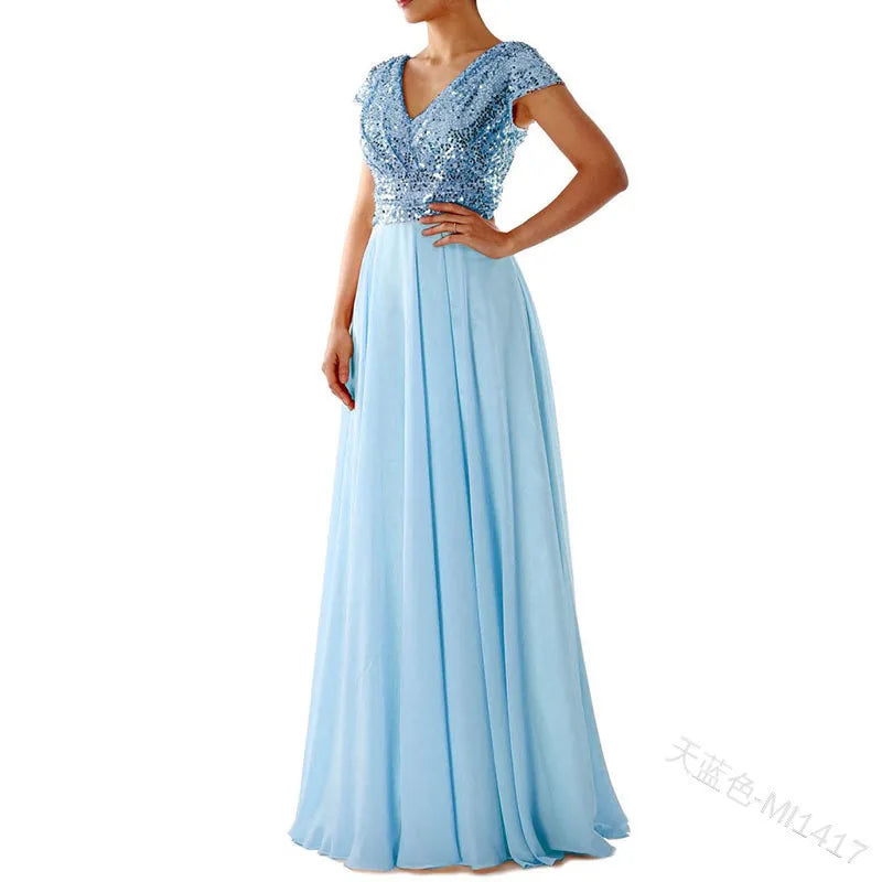 Vestido Cóctel Gasa Plisado Elegante Lentejuelas | Cuello V Formal Longitud Suelo
