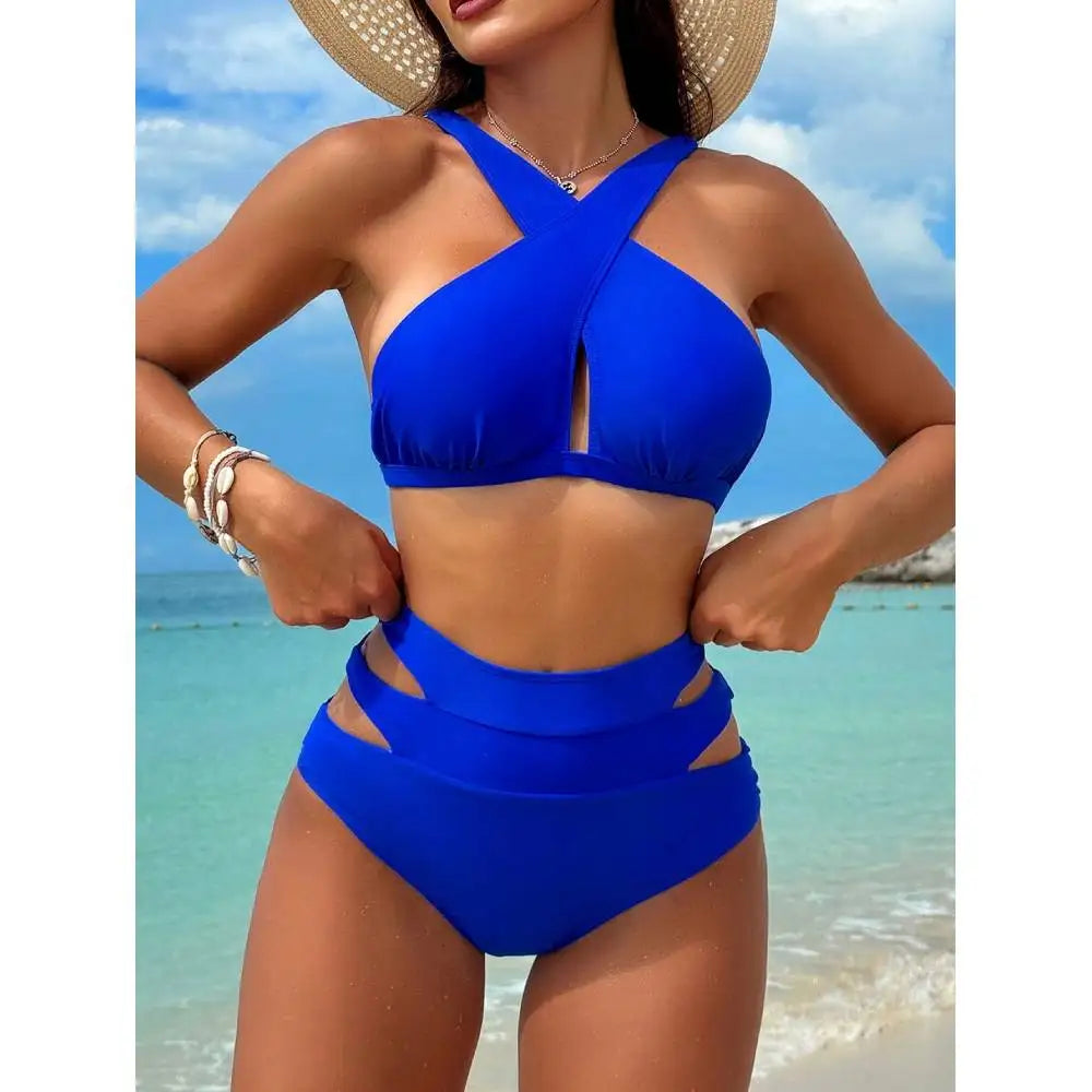 Conjunto de Bikini Halter de Color Sólido Cikini para Vacaciones y Playa