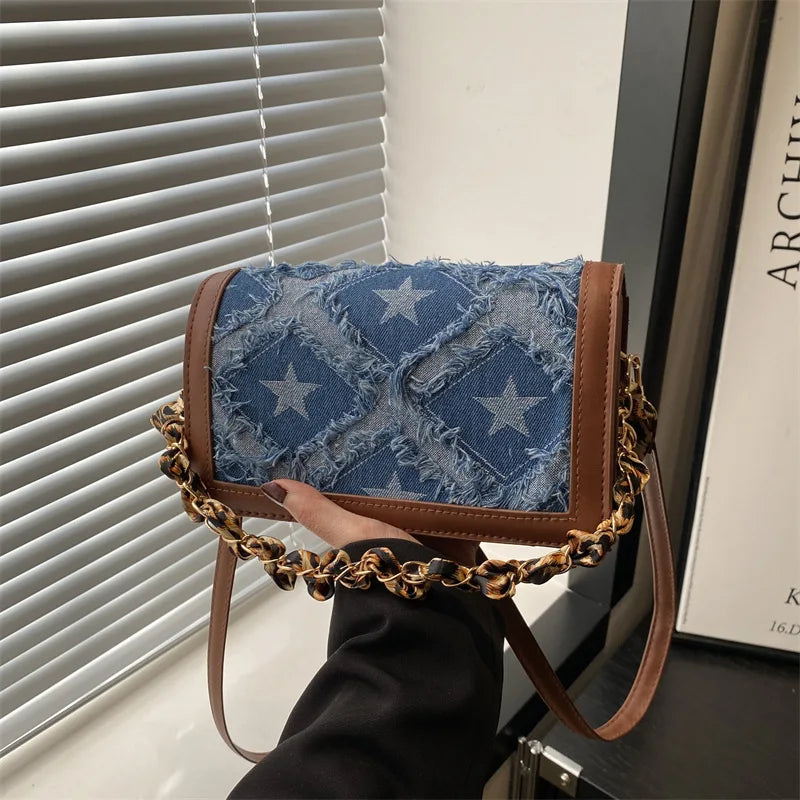 Bolso Hombro Vaquero Mujer Retro Estrellas Cinta Leopardo