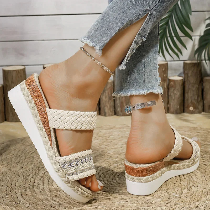 Sandalias de Cuña Bohemias | Plataforma Tejida | Suela Gruesa