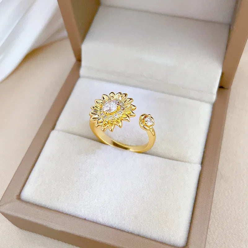 Anillo de girasol de circón chapado en oro de 18 quilates para mujer, anillo de cobre ajustable que se puede abrir, accesorios de joyería, regalos para amigos