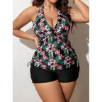 Bikini de Talla Grande Estampado | Cordón Lateral, Cuello Colgante y Encaje | Espalda Descubierta