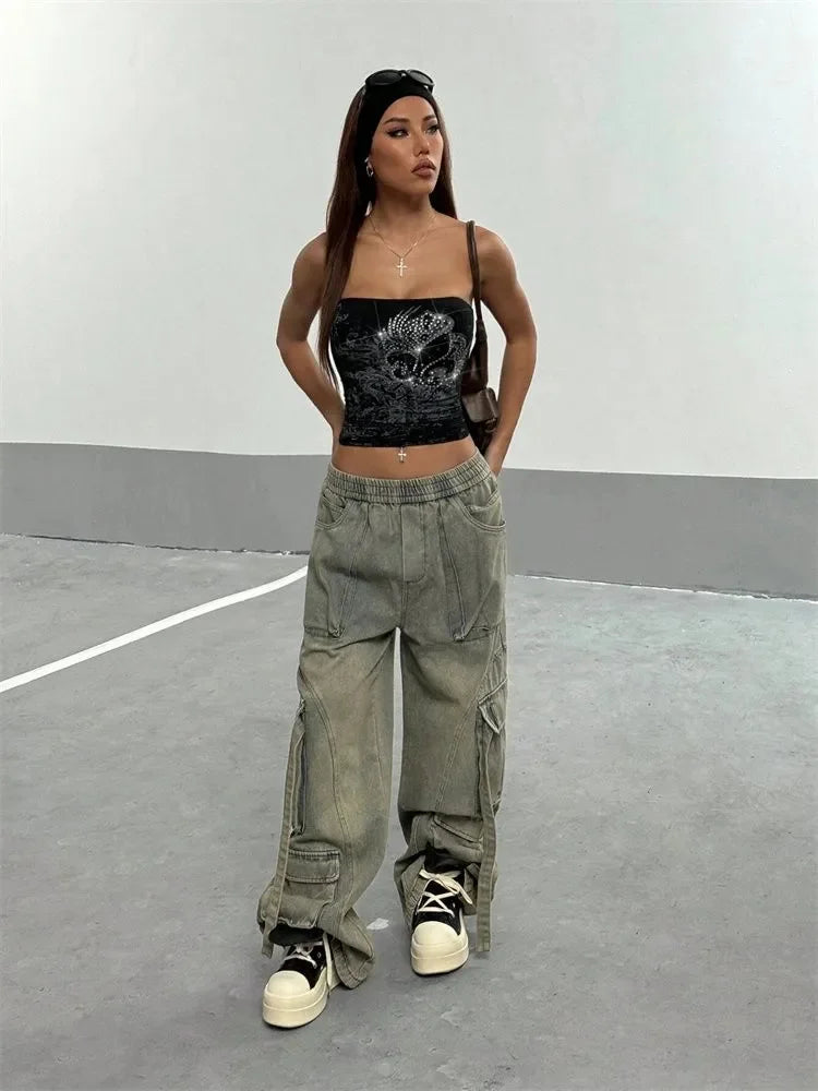 Top corto con diamantes de imitación para mujer, Top gótico Sexy con hombros descubiertos, Top de tubo estampado, ropa de calle Y2K
