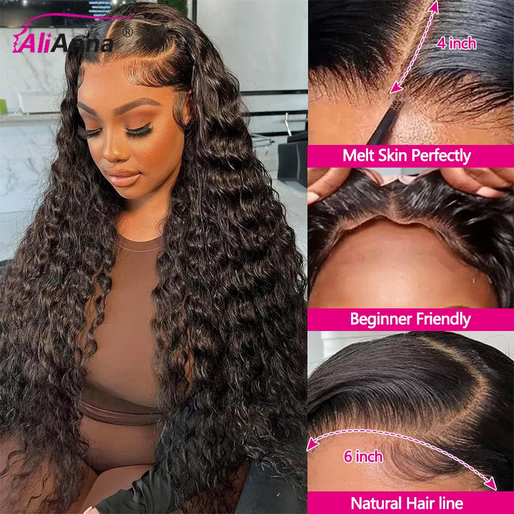 Peluca sin pegamento de onda de agua, cabello humano listo para usar, cabello humano rizado profundo, cierre de encaje, peluca brasileña, 6x4