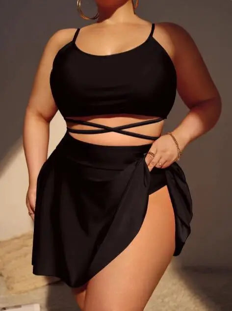 Bikini de 3 Piezas Talla Grande | Falda Cintura Alta | Color Sólido