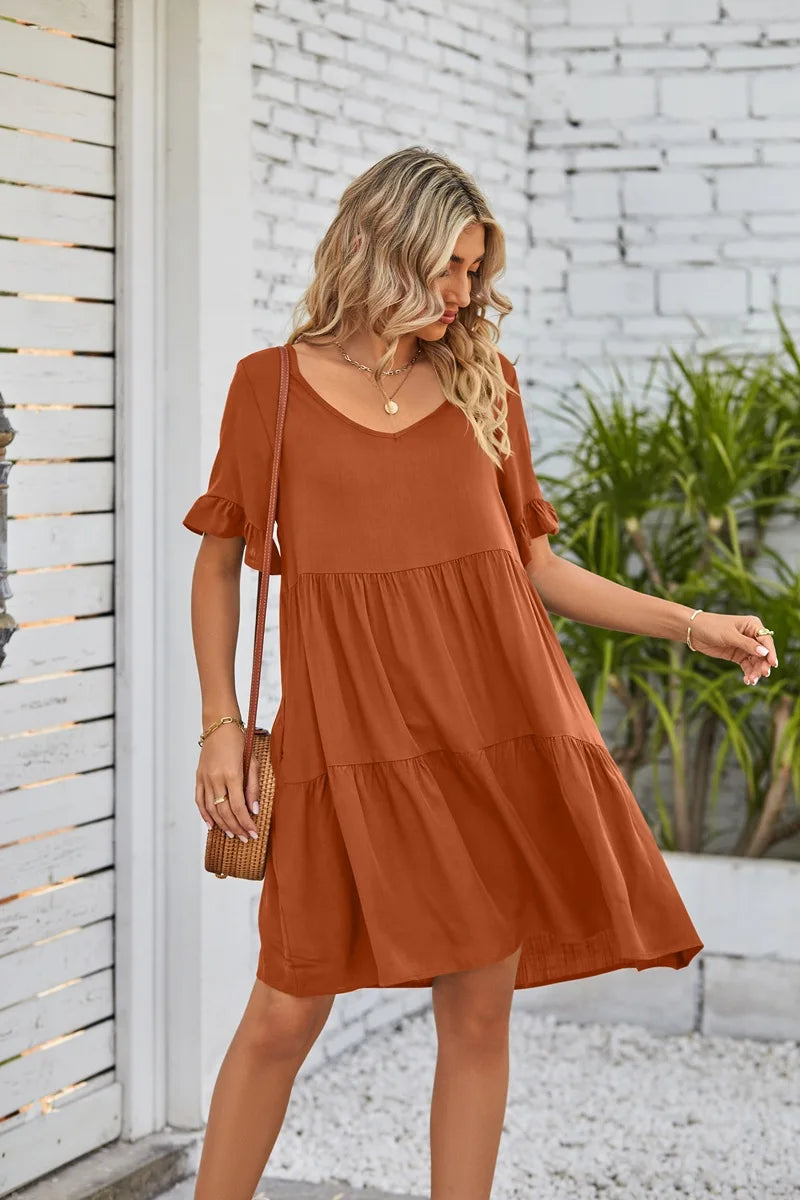 Vestido Midi de Playa | Algodón Liso Cuello V | Mangas Cortas con Volantes | Tico Trendy