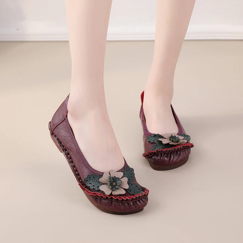 Mocasines Planos Florales de Cuero Genuino | Hechos a Mano | Talla 41 | Estilo Retro