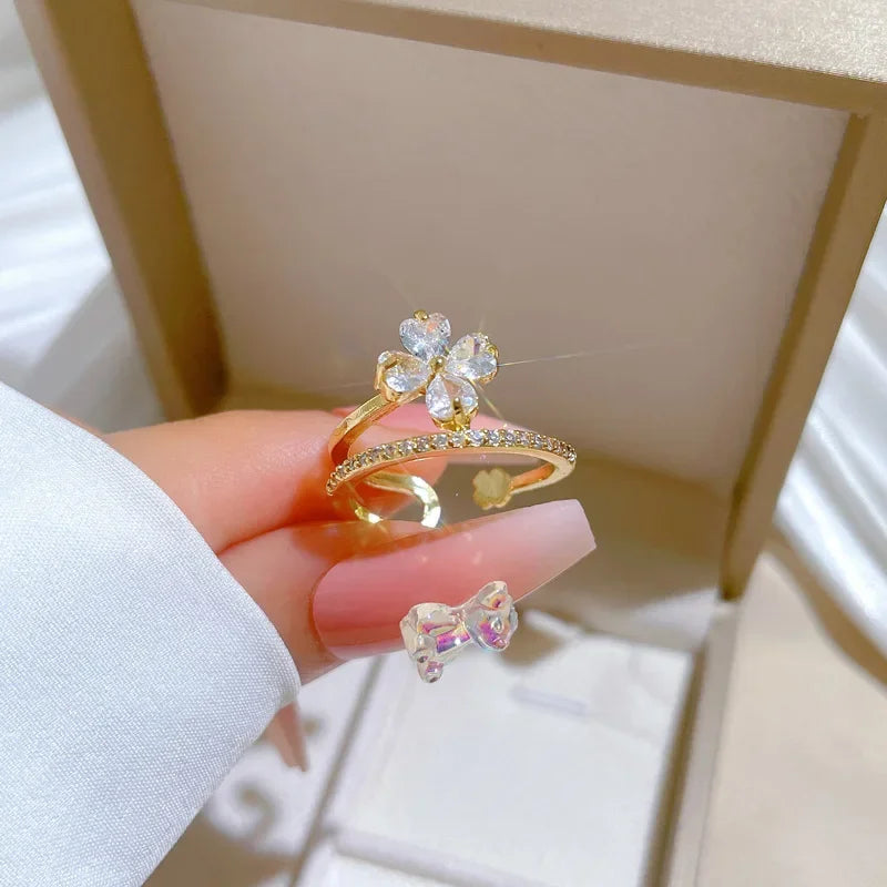 Anillos de cobre abiertos ajustables de trébol de circón brillante de lujo para mujeres y niñas, accesorios de anillo de dedo de la suerte de Color dorado, regalos