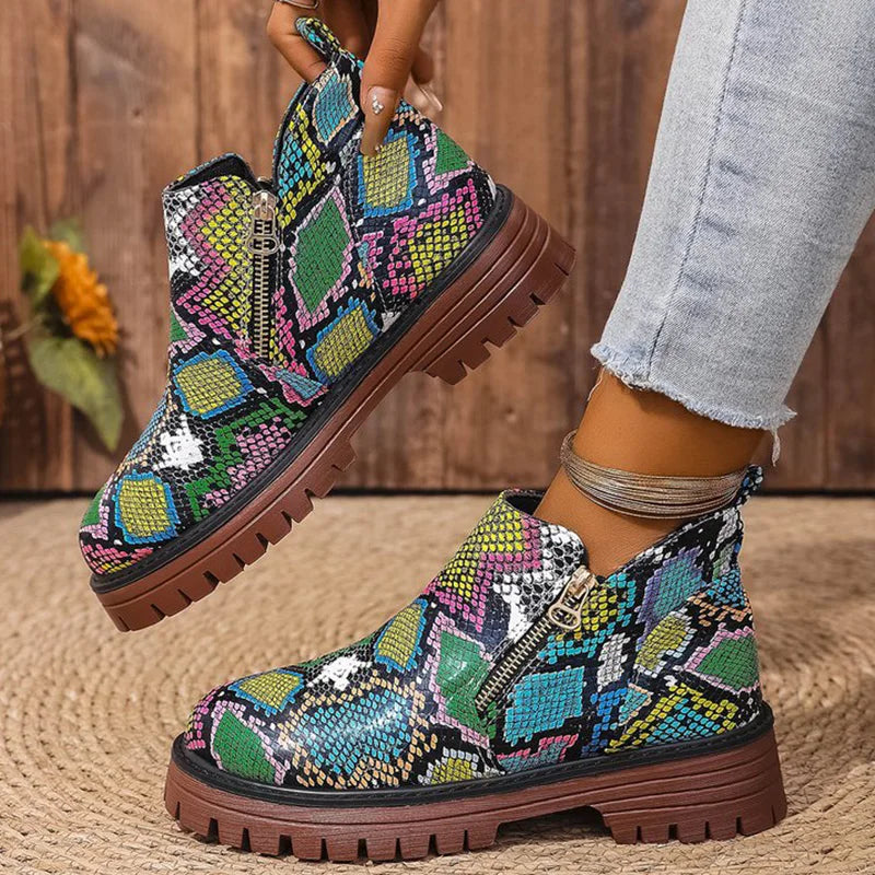 Botines de Plataforma | Estampado de Serpiente | Punta Redonda Elegante