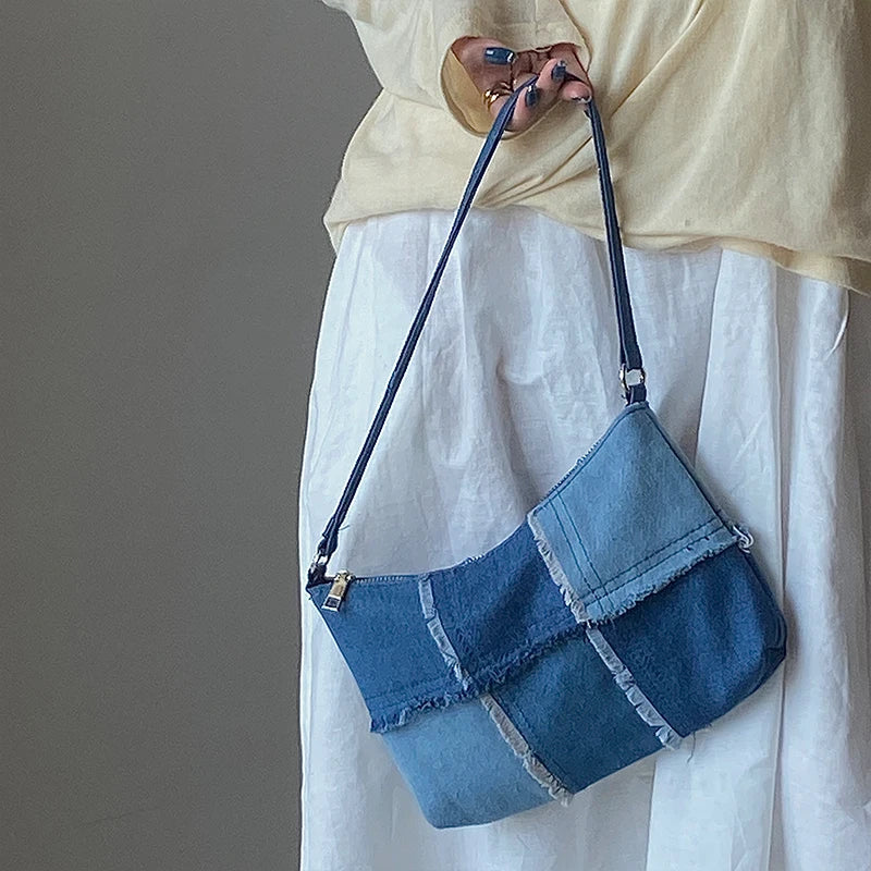 Bolso Hombro Mezclilla Mujer Vintage Grande Color Contraste