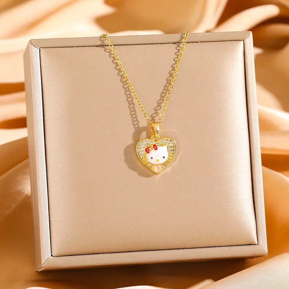 Cadena de acero inoxidable Sanrio lindo Hello Kitty Kuromi collares con colgante de circón brillante para mujeres niñas joyería de moda de Color dorado