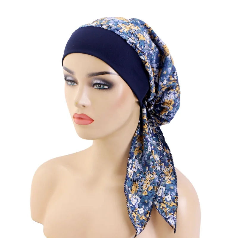 Nuevo pañuelo para la cabeza con estampado satinado para mujer, turbante musulmán elástico preatado, gorro para dormir para quimioterapia, cubierta para la pérdida de cabello, pañuelo para la cabeza