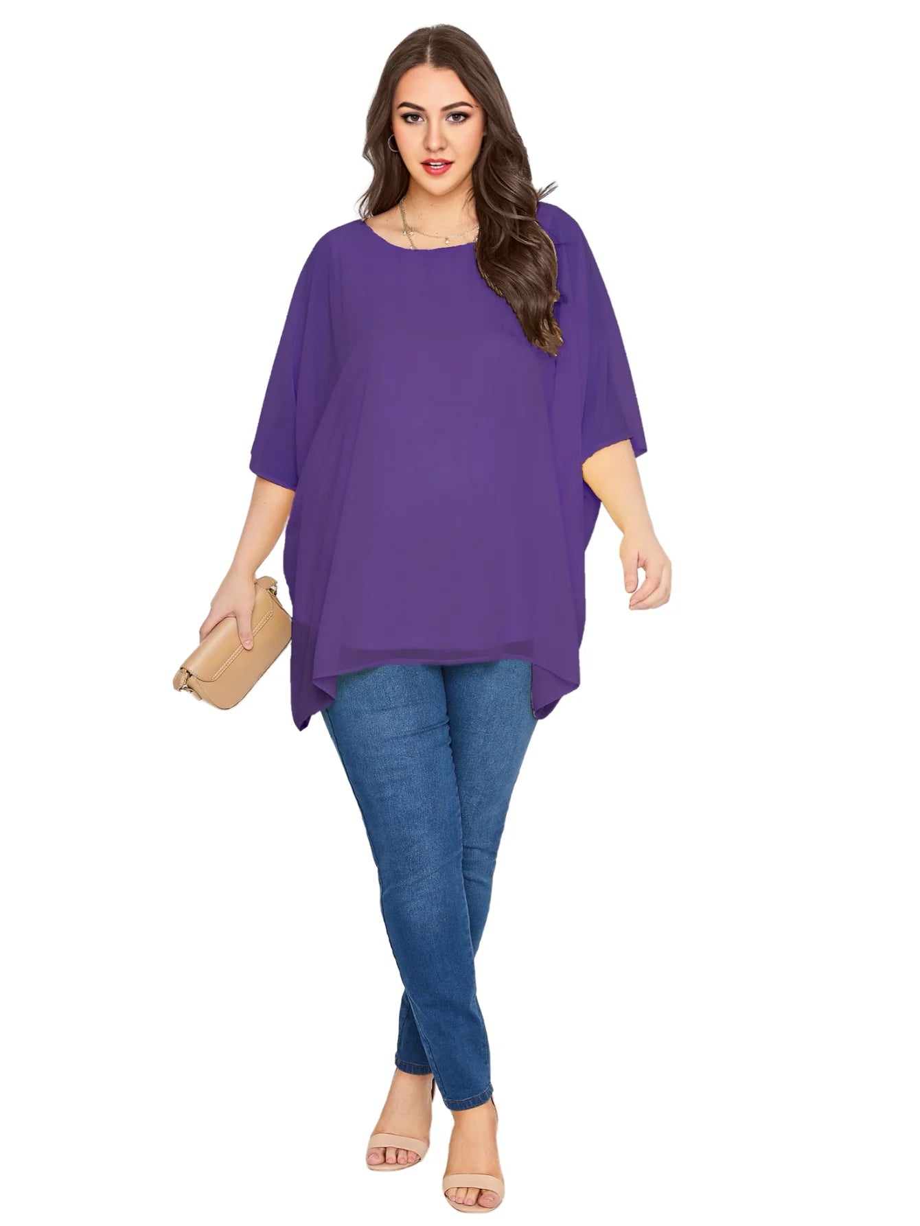 Blusa de chifón con manga de murciélago para verano, camisa elegante con cuello redondo, estilo informal, 8XL talla grande, para mujer