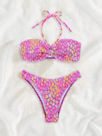 Bikini con Estampado Floral, Halter Ahumado y Parte Inferior de Tiro Alto