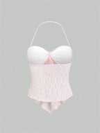 Top Halter de encaje con lazo para mujer, Top Sexy con estampado Floral y hombros descubiertos, Top corto con cuello en V y espalda descubierta, ropa Y2K