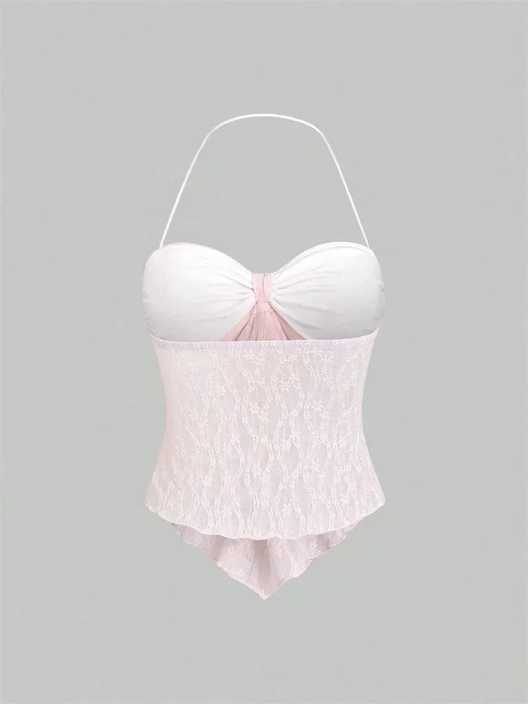 Top Halter de encaje con lazo para mujer, Top Sexy con estampado Floral y hombros descubiertos, Top corto con cuello en V y espalda descubierta, ropa Y2K