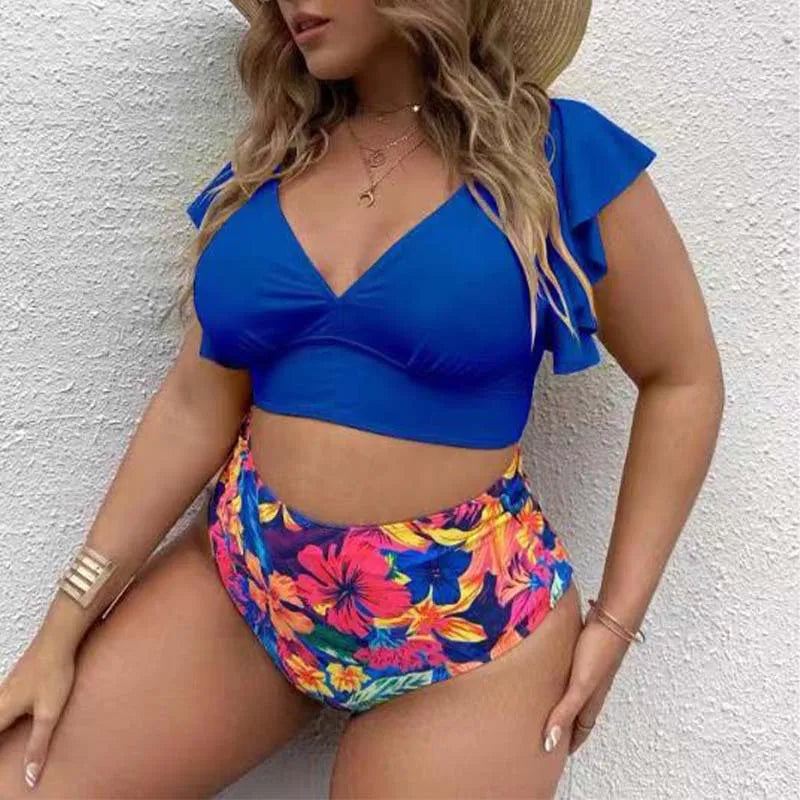 Bikini de Talla Grande con Volantes - Estampado y Tiro Alto para Playa