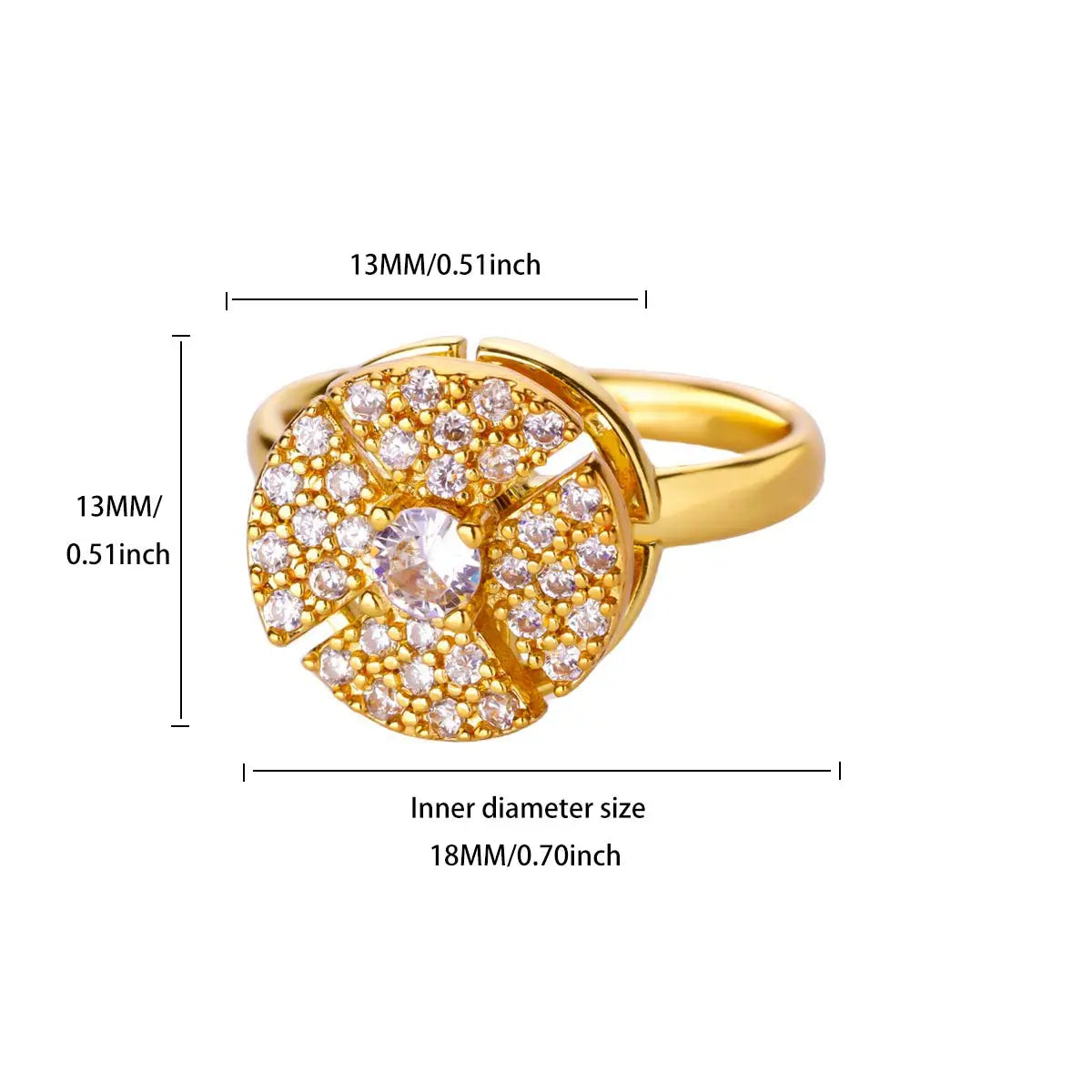 Anillo Ticotrendy Giratorio | Molino Flor Estrella Circón | Acero Inox Oro | Joyería Boda