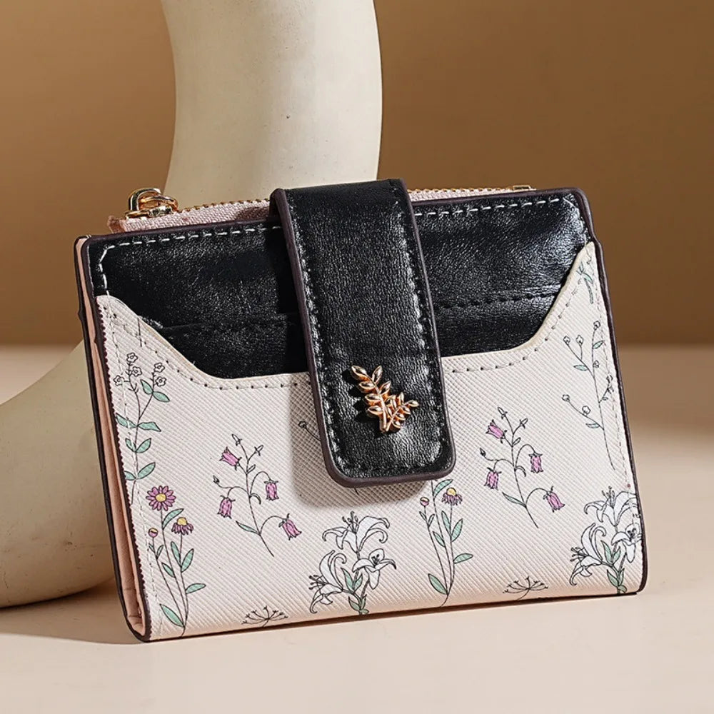 Cartera corta de cuero PU a la moda para mujer, tarjetero con cerrojo y flores pequeñas, cartera pequeña delgada, monedero multitarjetas para niña