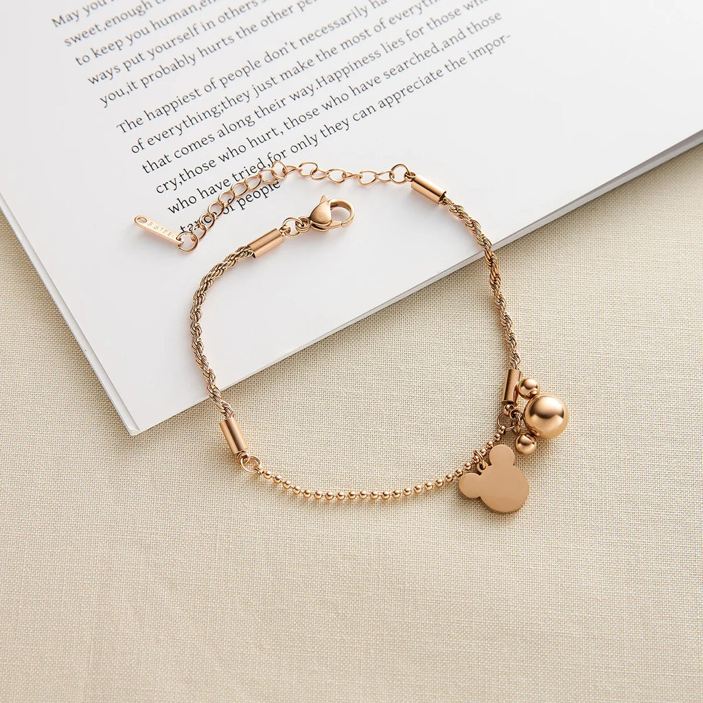 Pulsera Dijes Mickey Mouse Acero Inoxidable Oro Rosa | Estilo Adorable Tendencia