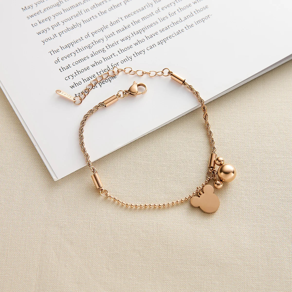Pulsera Dijes Mickey Mouse Acero Inoxidable Oro Rosa | Estilo Adorable Tendencia