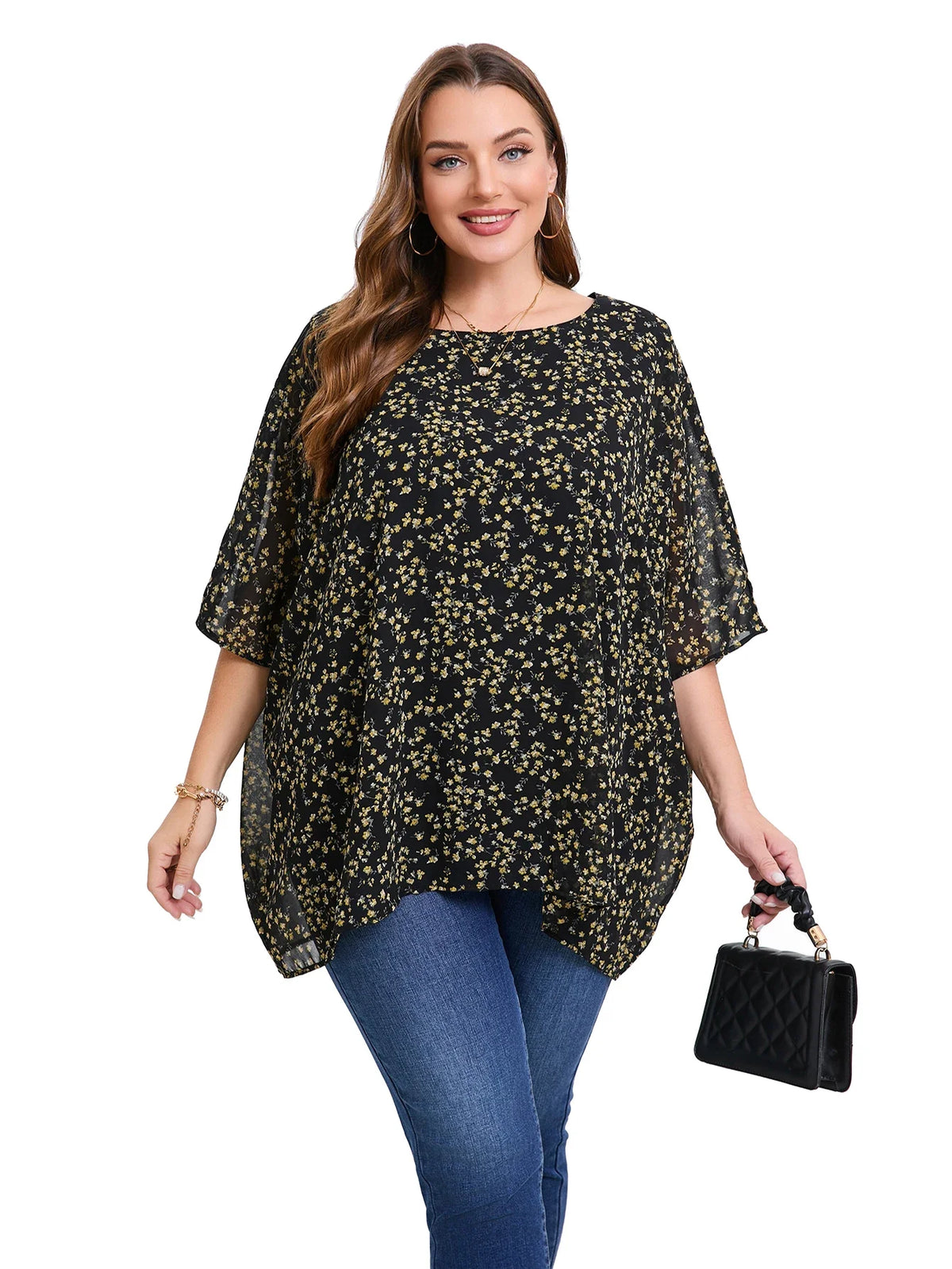 Blusa de Gasa Florales Plus Size | Manga Murciélago Cuello Redondo | Tallas 2XL-6XL | Tico Trendy