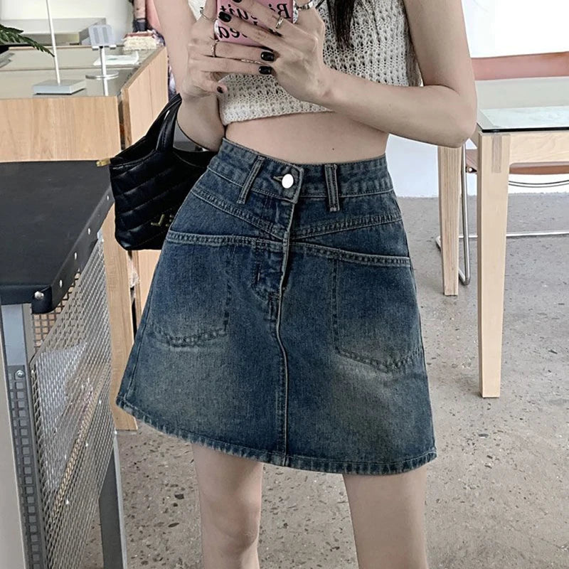 Falda Mini Vaquera Acampanada Cintura Alta | Estilo Coreano Casual Bolsillos