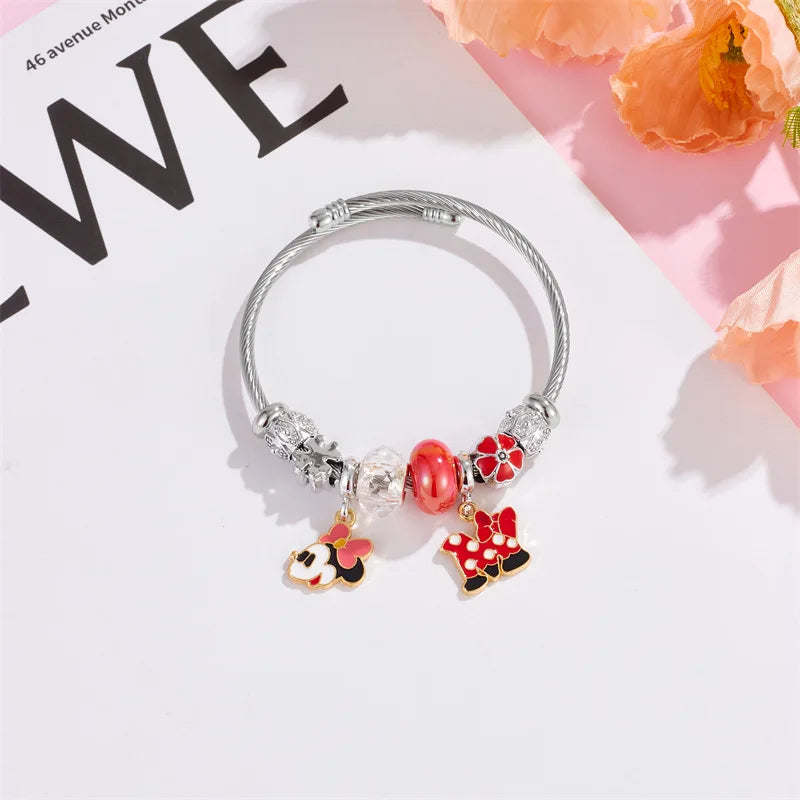 Pulseras con dijes de dibujos animados de Disney para mujeres y niñas, pulseras con cabeza de Mickey y Minnie Mouse, encantadoras cuentas de bricolaje, accesorios de mano, regalos