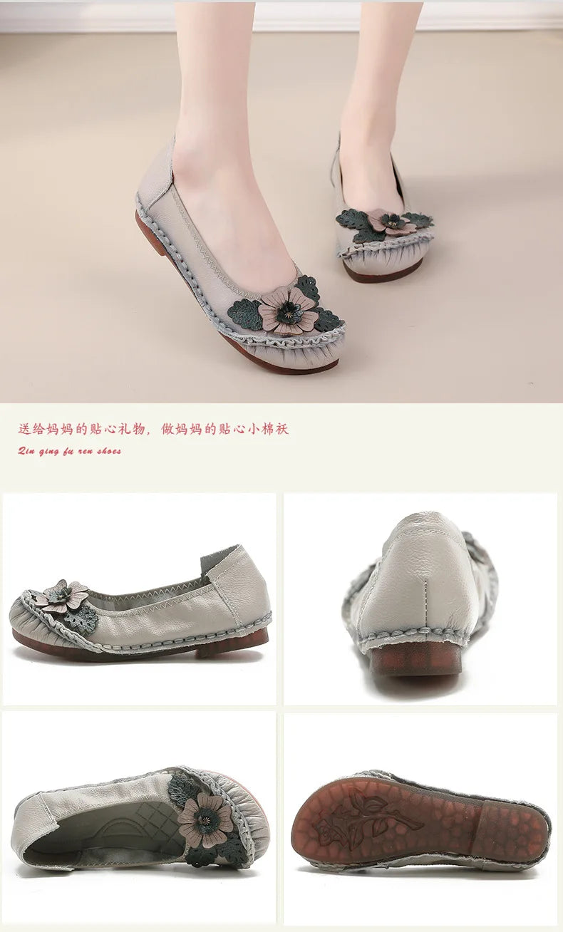 Mocasines Planos Florales de Cuero Genuino | Hechos a Mano | Talla 41 | Estilo Retro