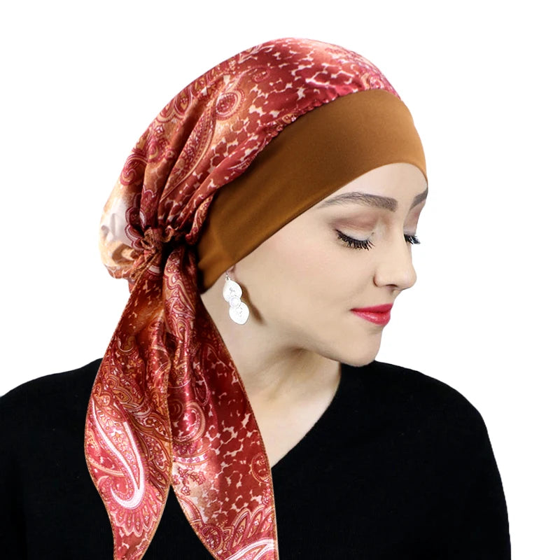 Turbante de satén preatado para mujer, hiyab interior musulmán, gorros para quimio contra el cáncer, pañuelo para la cabeza para la pérdida de cabello, Bandana, accesorios elásticos para el cabello