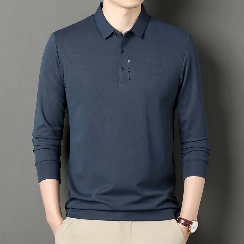 Polo con solapa para hombre, camiseta elástica de alta calidad, Top informal de negocios, camisetas clásicas de manga larga, cómodas y ajustadas, otoño