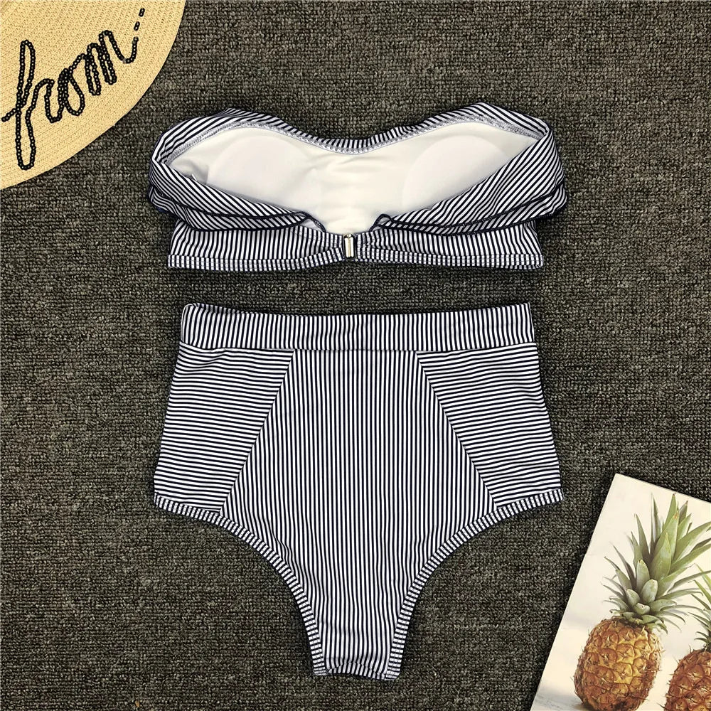 Bikini De Cintura Alta Rayas Irregulares Playa Mujer Dos Piezas