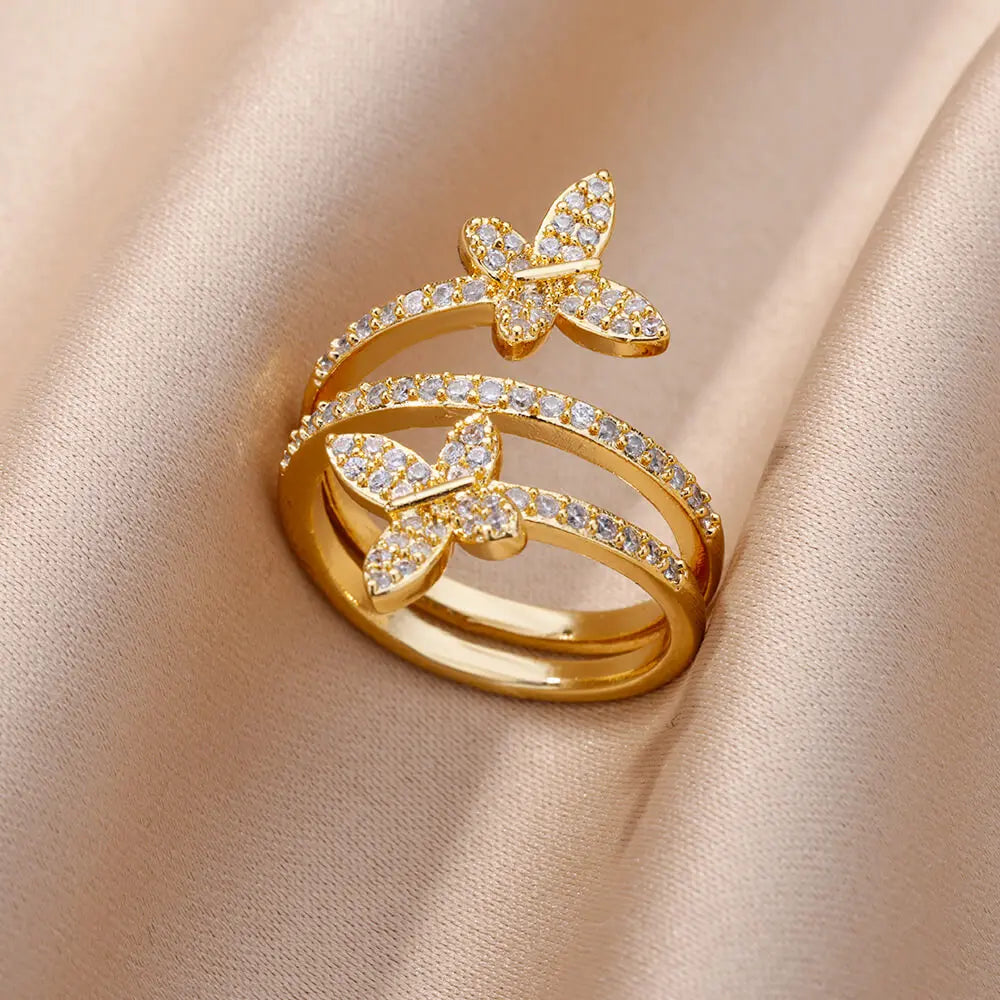 Anillo Ticotrendy | Mariposa Doble Circón | Multicapa Acero Oro | Joyería Fiesta