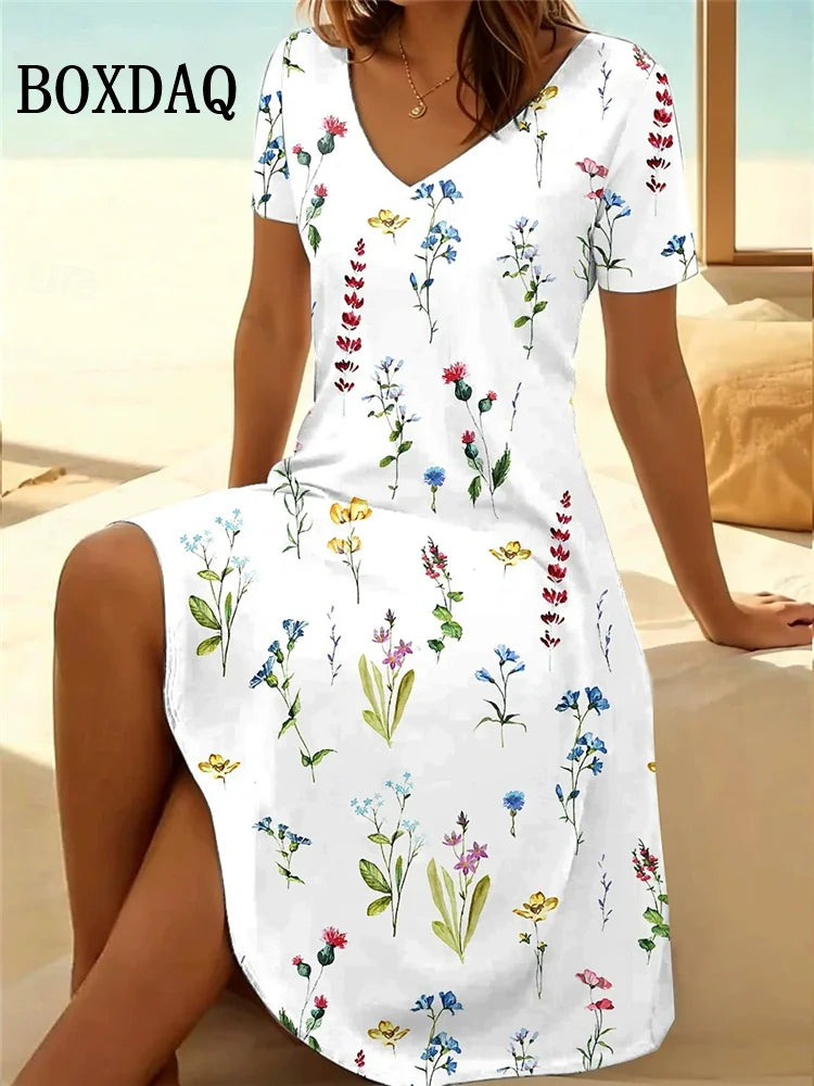 Vestido Vintage para Mujer | Cuello en V y Estampado Floral | Manga Corta para Playa | Tico Trendy